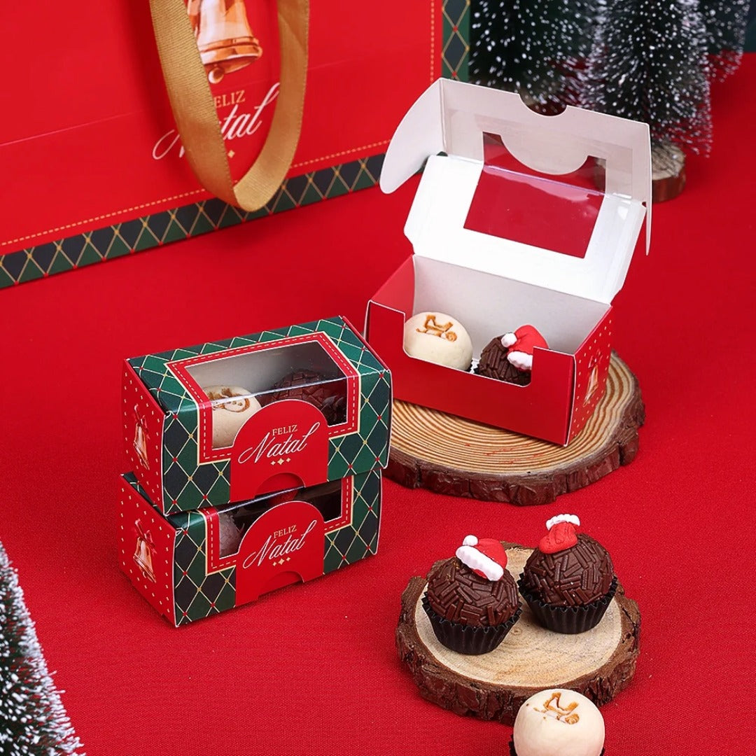 2 Cavities Christmas Brigadeiro Box with Clear Lid - Vintage Theme (10 Pack)