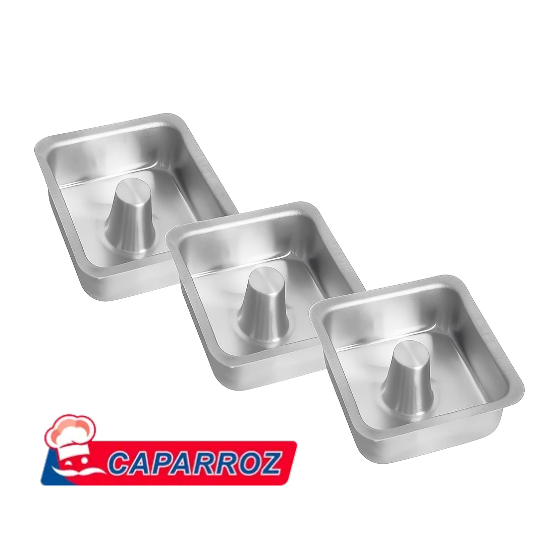 Mini Square Aluminum Baking Pan with Center Cone 3.3x1.6in (8.5 X 4 cm) by Caparroz | Set of 3 for Individual Cakes