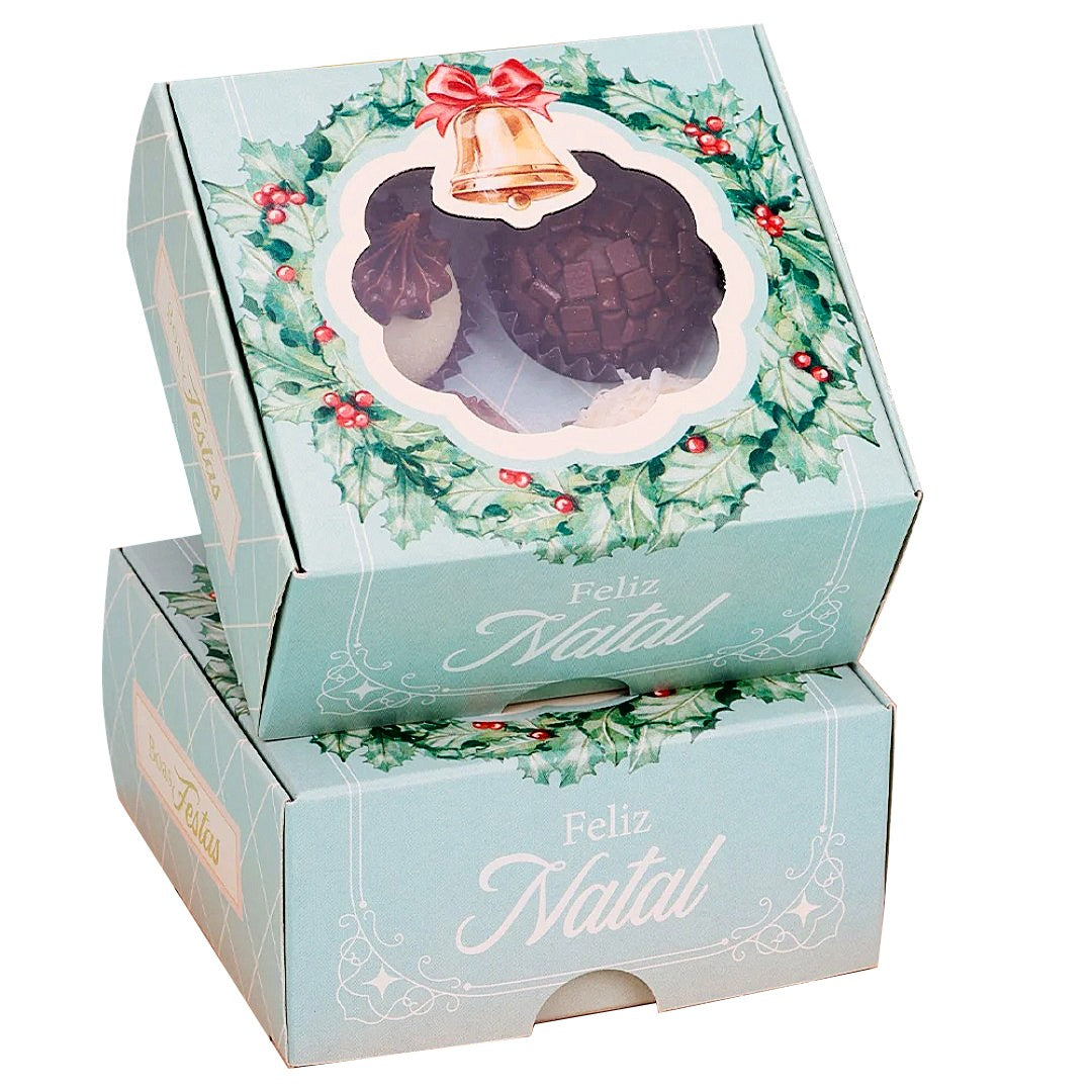 4 Cavities Christmas Brigadeiro Box with Clear Lid - Christmas Wreath Theme (10 Pack)