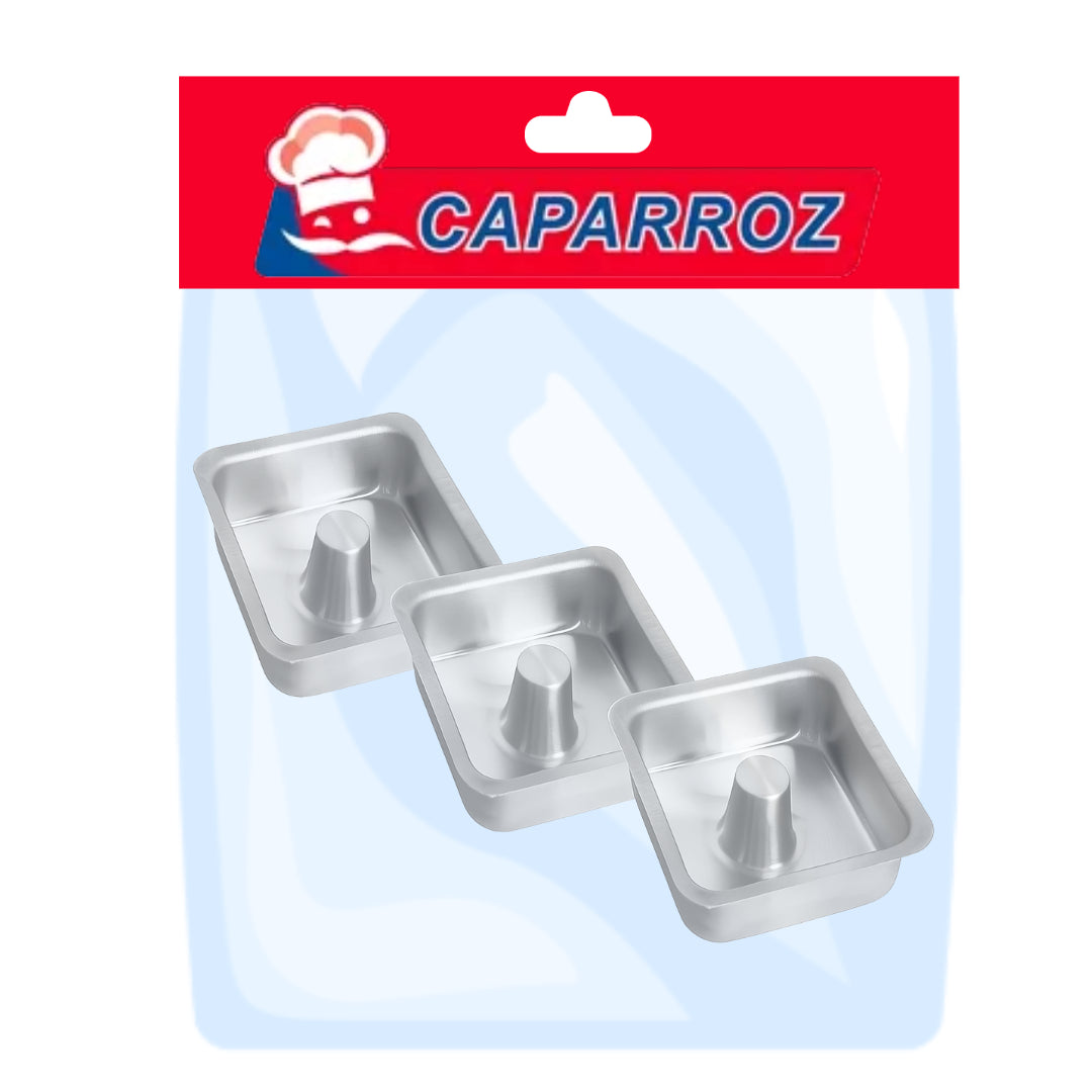 Mini Square Aluminum Baking Pan with Center Cone 3.3x1.6in (8.5 X 4 cm) by Caparroz | Set of 3 for Individual Cakes