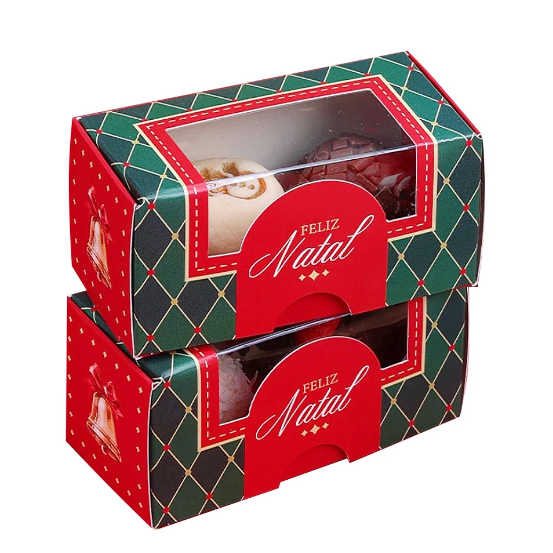 2 Cavities Christmas Brigadeiro Box with Clear Lid - Vintage Theme (10 Pack)