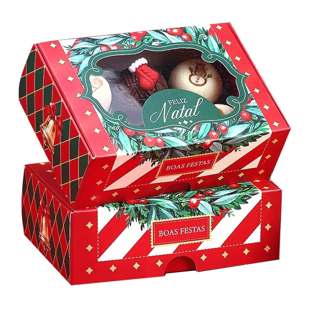 6 Cavities Christmas Brigadeiro Box with Clear Lid - Vintage Theme (10 pack)