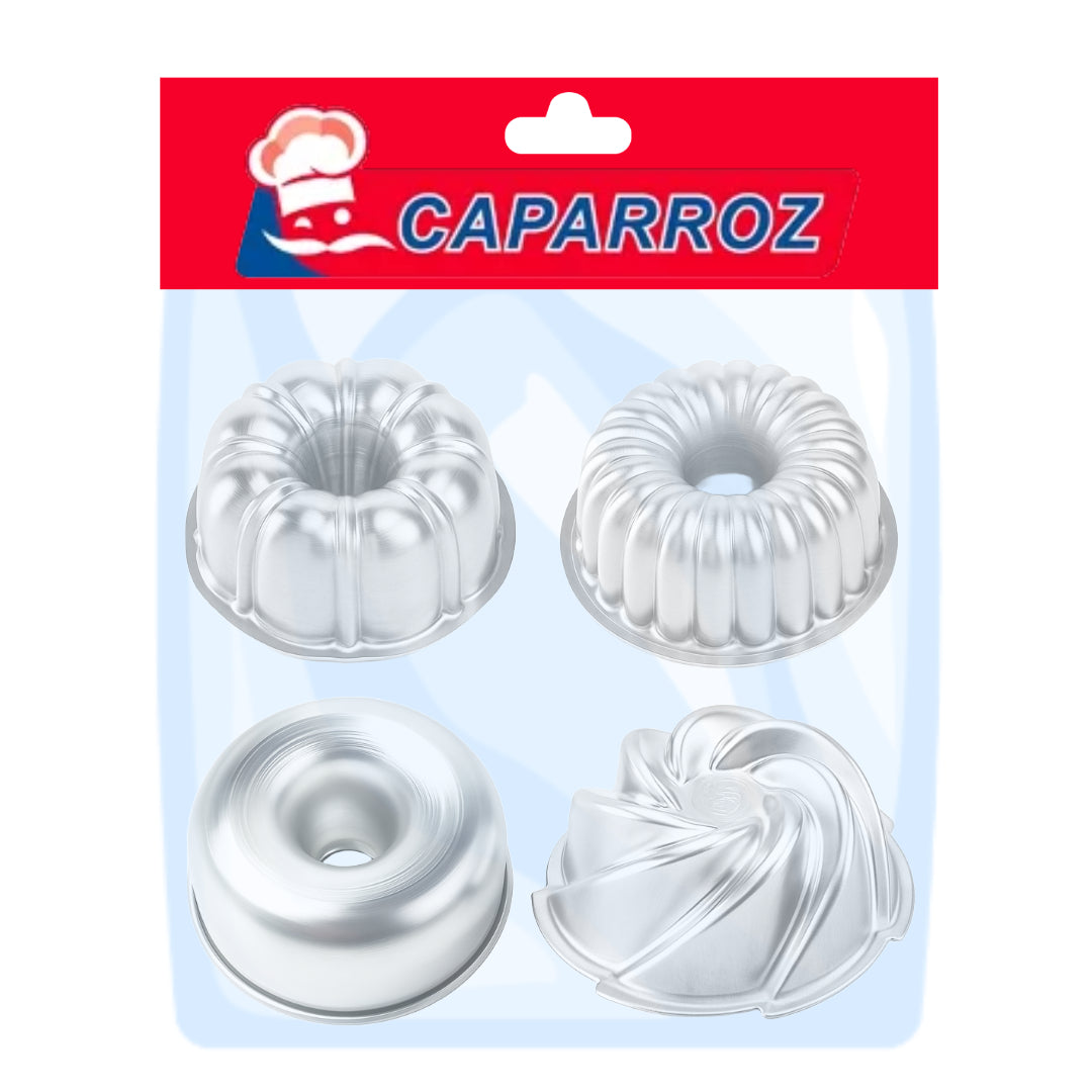 Mini Decorative Aluminum Cake Pans – 4 Assorted Designs (3.5 x 1.6 in) 9 x 4 cm – Caparroz – Set of 4