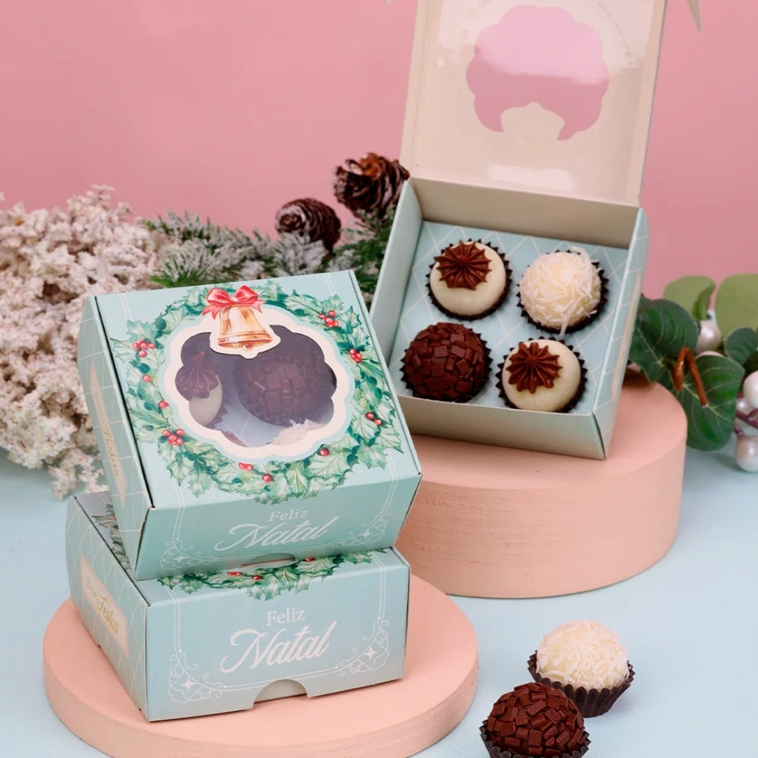 4 Cavities Christmas Brigadeiro Box with Clear Lid - Christmas Wreath Theme (10 Pack)